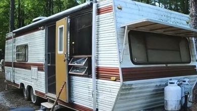 Photo of Homeless lady given free “ugly” abandoned trailer uses it to build a cozy tiny home out in nature